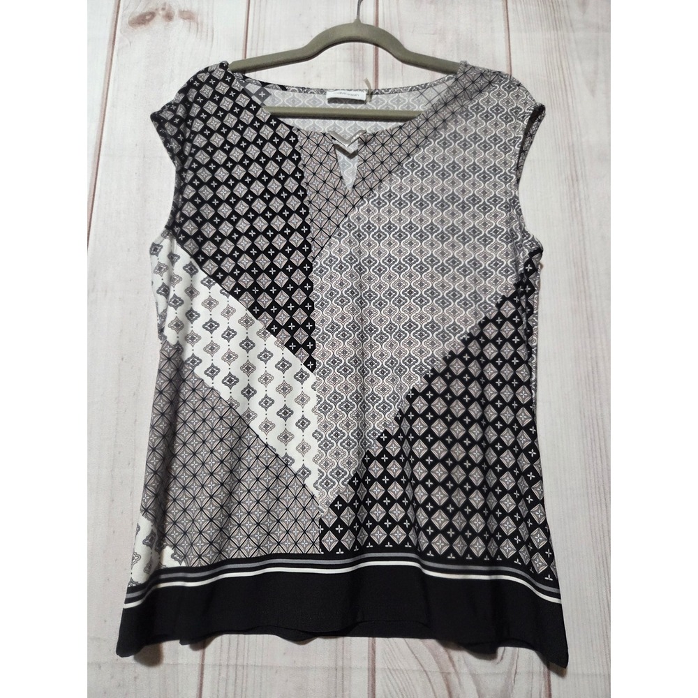 Calvin Klein Womens Geometric Patchwork Sleeveless Blouse Black White‎ Grey XL